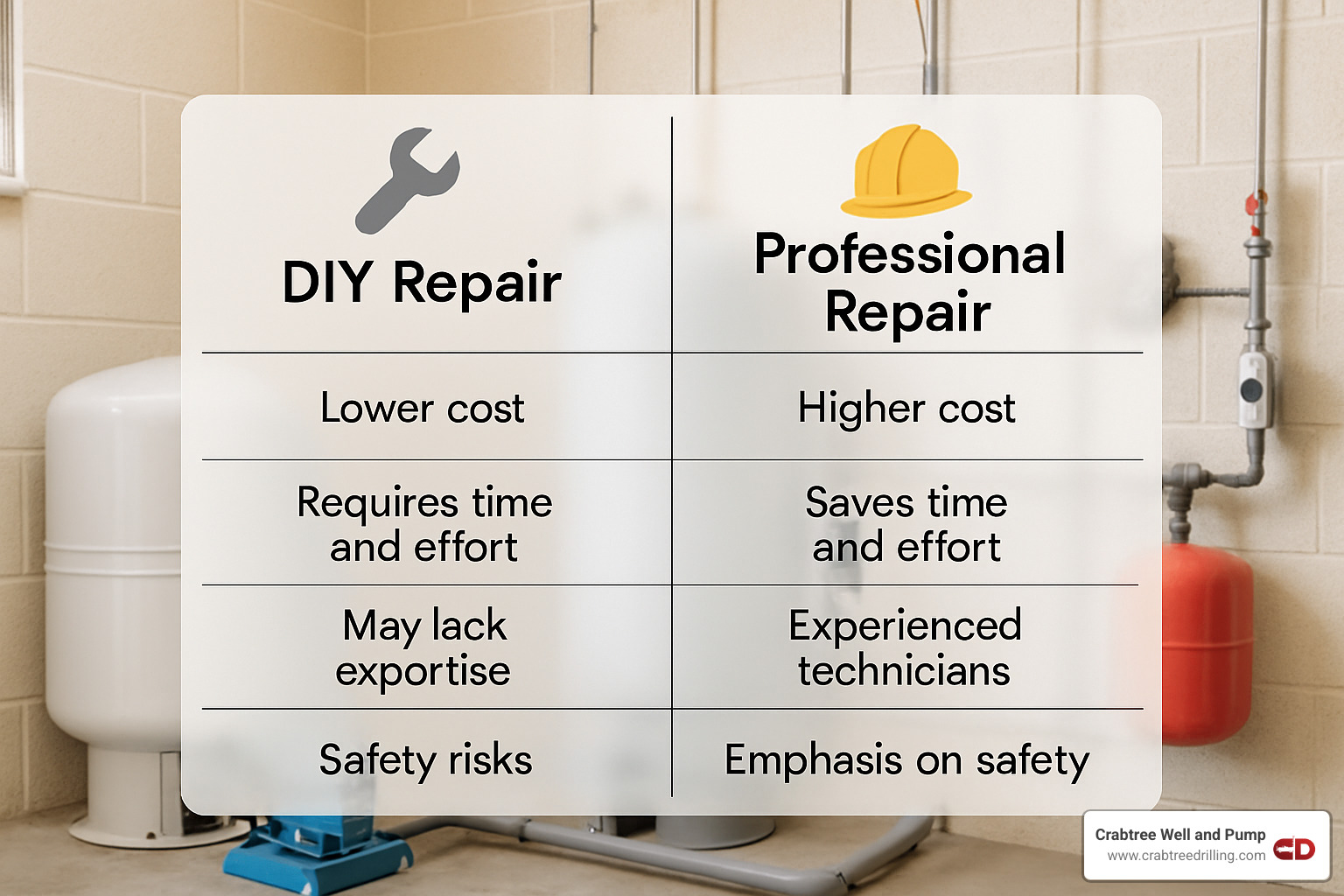 comparison table of DIY vs professional repairs - emergency well pump repair comparison table of DIY vs professional repairs - emergency well pump repair