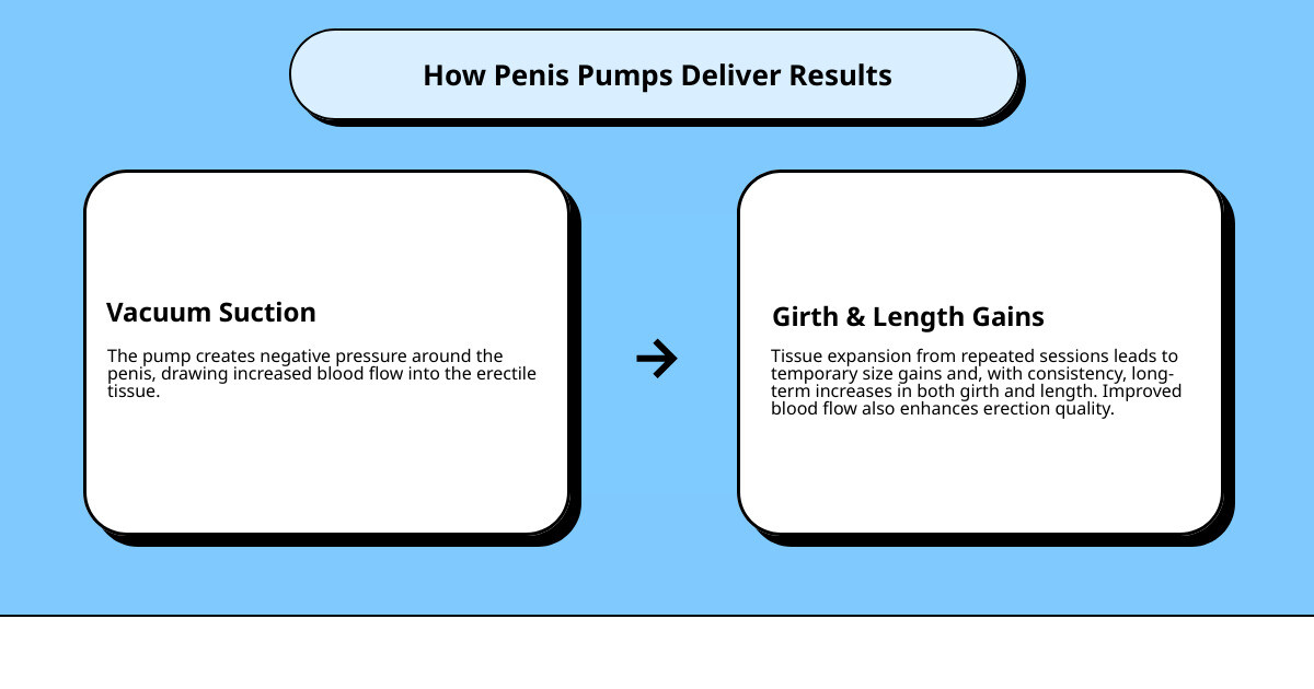 Detailed infographic showing penis pump mechanism with vacuum creation, blood flow increase, tissue expansion phases, and timeline of temporary versus permanent results with measurement comparisons - penis pump before and after pics infographic cause_effect_text