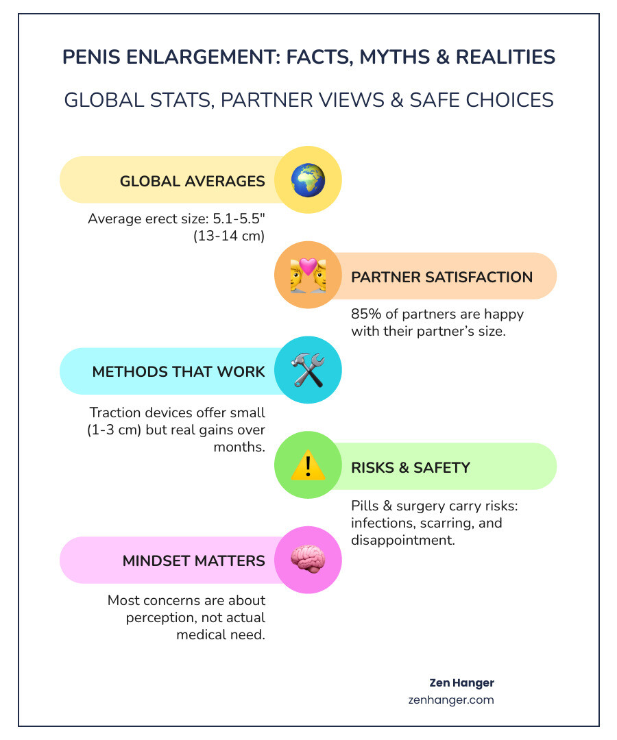 Infographic showing global penis size distribution with average measurements, partner satisfaction rates, and safety comparison of different enlargement methods - penis enlargement advice infographic infographic-line-5-steps-colors