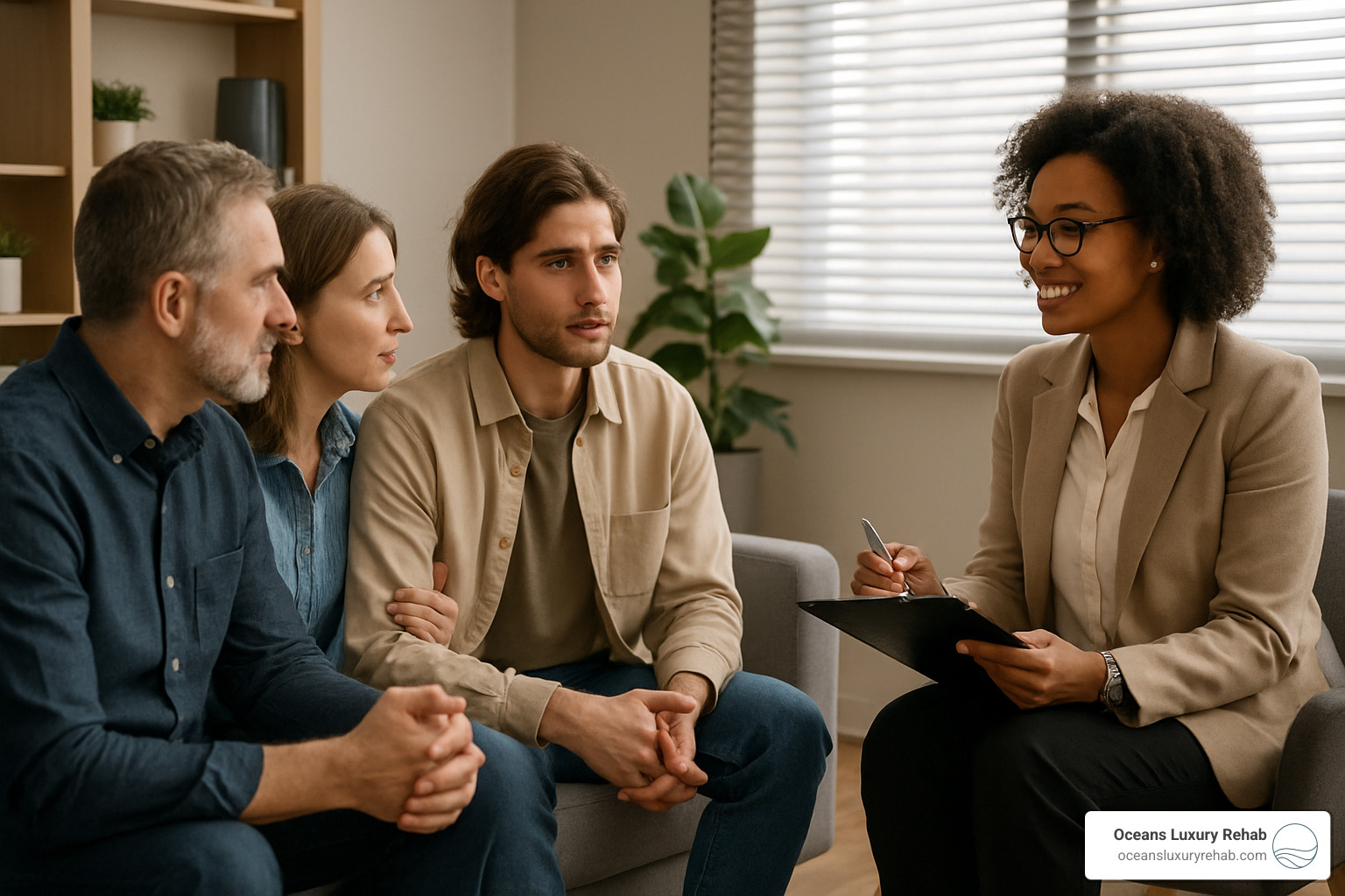 Family therapy session showing parents and adult child working with a counselor - outpatient drug treatment