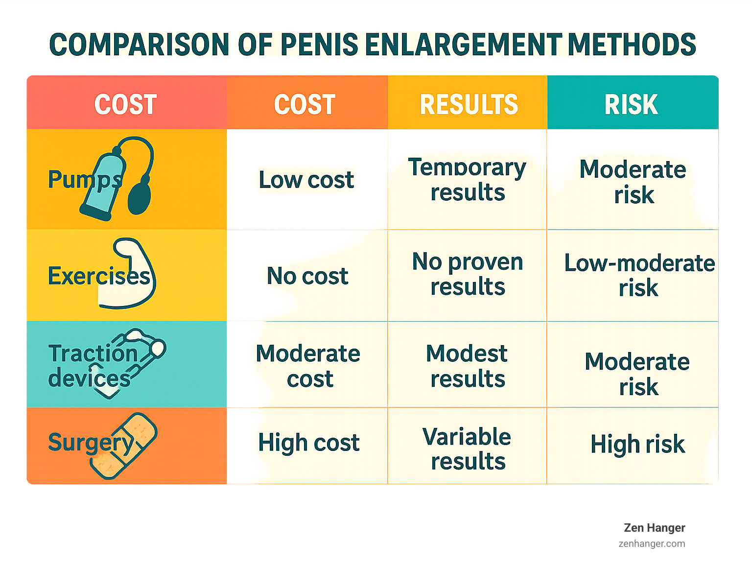 Comparison table showing pumps (low cost, temporary results, moderate risk), exercises (no cost, no proven results, low-moderate risk), traction devices (moderate cost, modest results, moderate risk), and surgery (high cost, variable results, high risk) - can a penis pump and exercises make a penis bigger infographic 