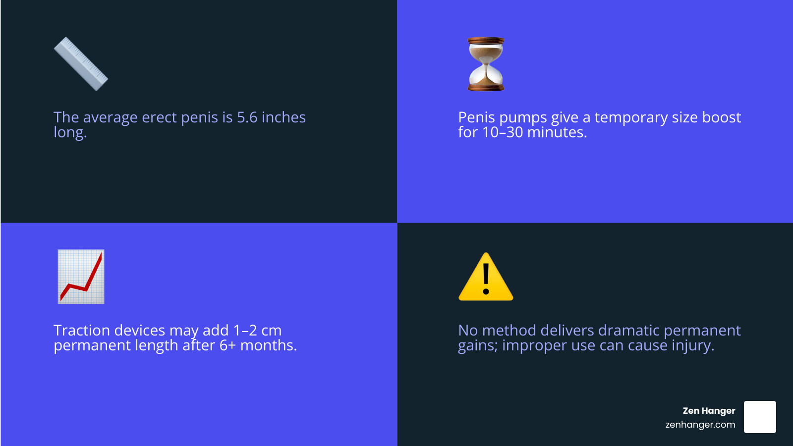 Infographic showing average penis size 5.6 inches, temporary pump effects lasting 10-30 minutes, and modest permanent gains of 1-2 cm possible with traction devices after 6+ months of consistent use - can a penis pump and exercises make a penis bigger infographic 4_facts_emoji_blue