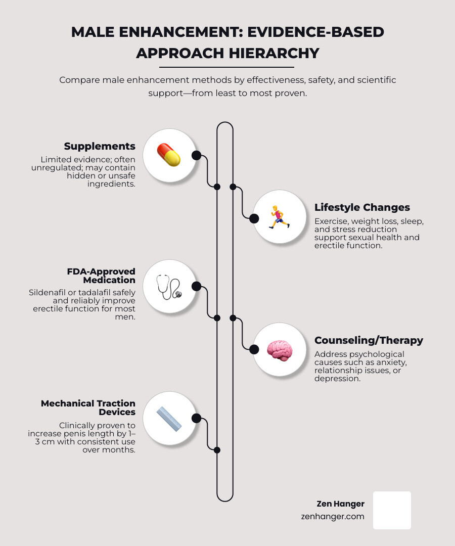 Infographic comparing effectiveness of different male improvement approaches including supplements, FDA medications, mechanical devices, and lifestyle changes - male improvement supplement pills infographic infographic-line-5-steps-neat_beige
