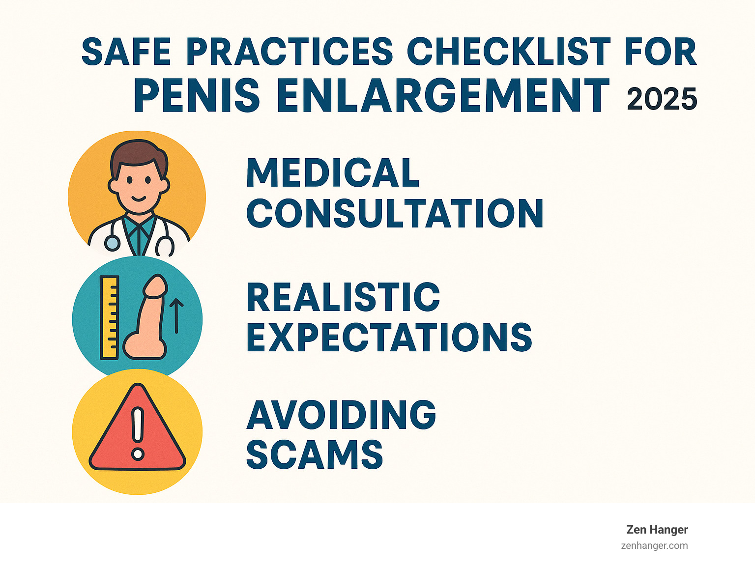 Safe practices checklist for penis enlargement including medical consultation, realistic expectations, and avoiding scams - penis enlargement advice infographic 