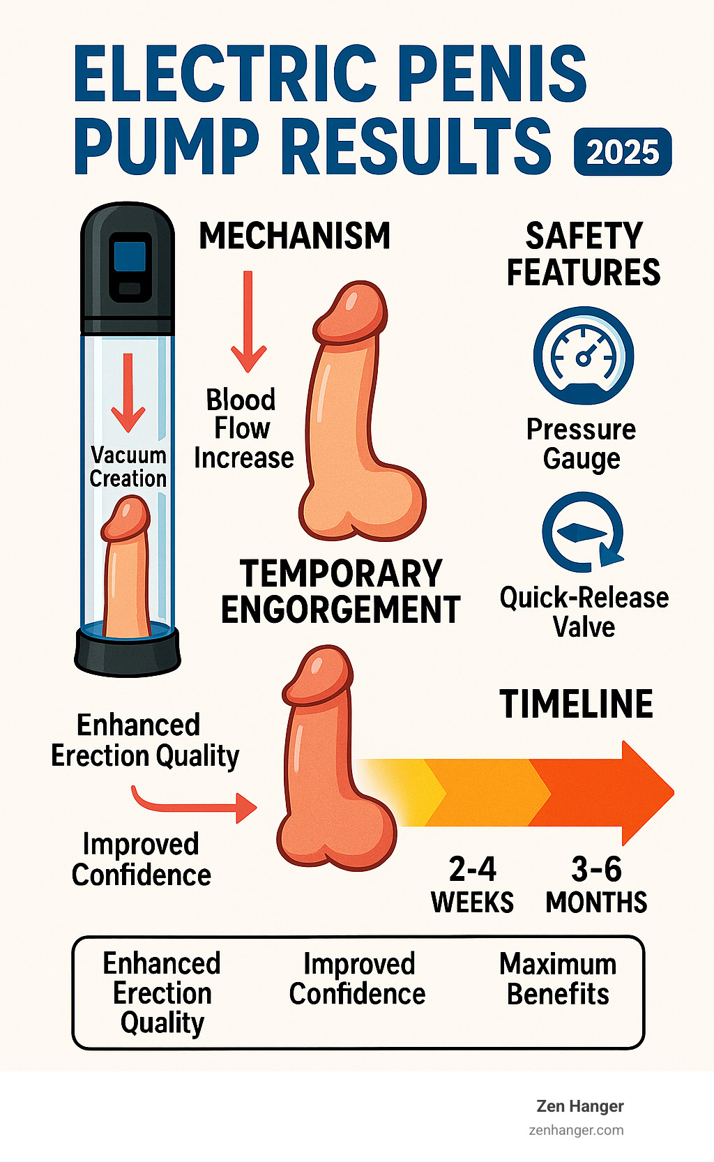 Infographic showing electric penis pump mechanism with vacuum creation, blood flow increase, temporary engorgement effects, safety features like pressure gauges and quick-release valves, and realistic timeline expectations for erectile function improvement - electric penis pump results infographic 