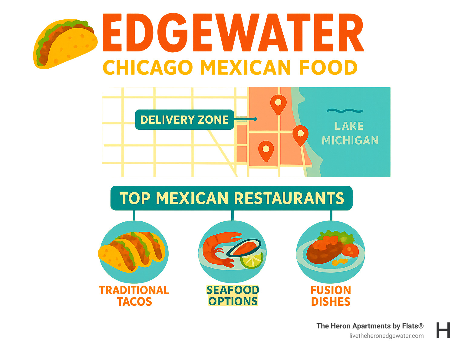 Infographic showing map of Edgewater with Mexican restaurant locations, delivery zones, and specialties of each restaurant including traditional tacos, seafood options, and fusion dishes - Edgewater Chicago Mexican food infographic 