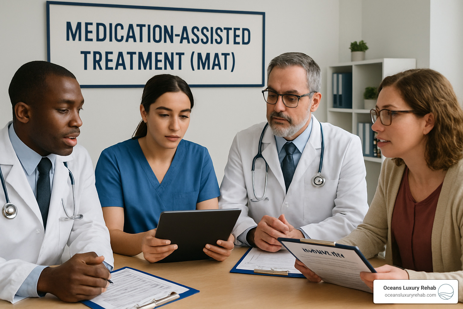 Professional MAT clinic team including doctors, nurses, and counselors working together in a modern treatment facility - medication-assisted treatment program orange county ca