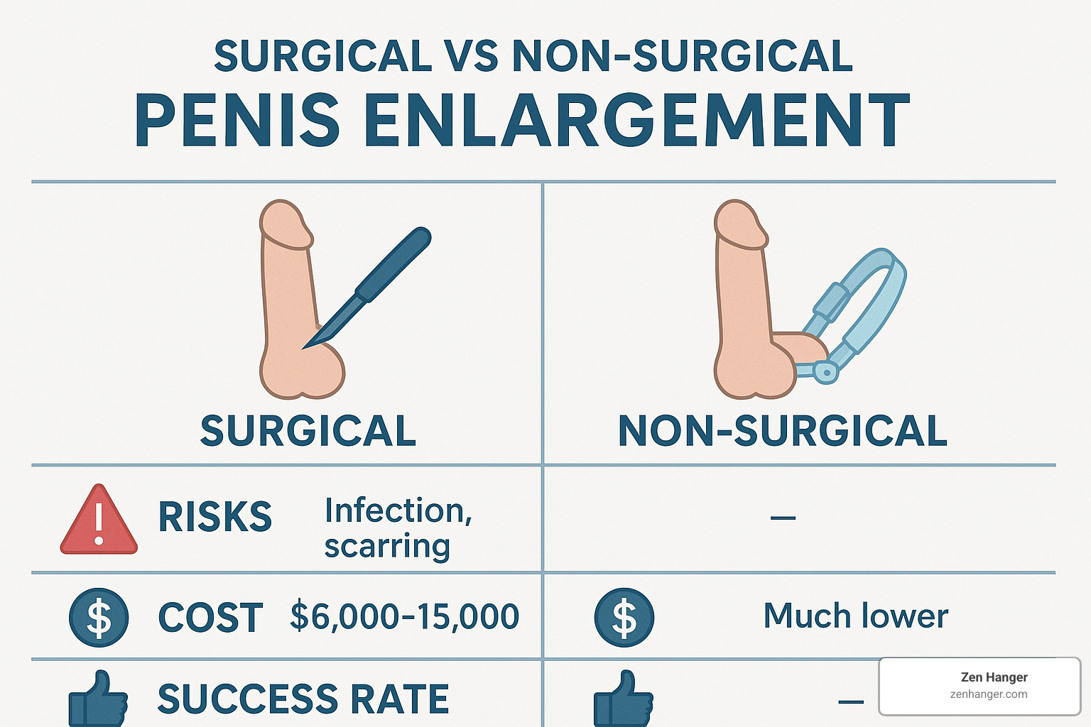 Surgical vs non-surgical penis enlargement comparison showing risks, costs, and success rates - penis enlargement advice