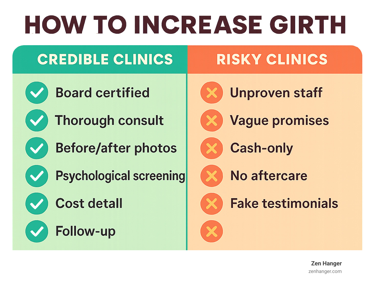 Table comparing credible clinics (board certified, thorough consult, before/after photos, psychological screening, cost detail, follow-up) vs risky clinics (unproven staff, vague promises, cash-only, no aftercare, fake testimonials) - how to increase girth infographic 