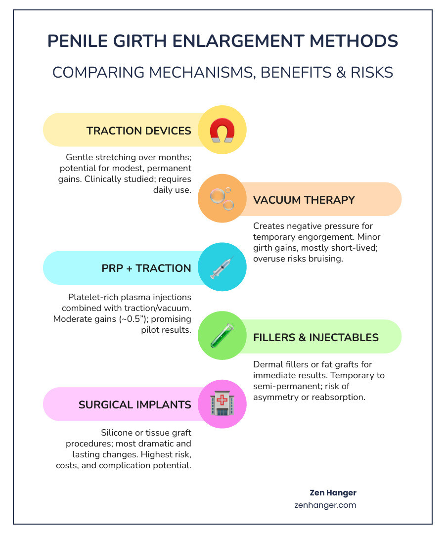 Infographic comparing methods: traction (modest, permanent with use), vacuum (temporary, minor), PRP+traction (moderate, some permanence), fillers (immediate, temporary), surgery (most dramatic, highest risk). - how to increase girth infographic infographic-line-5-steps-colors