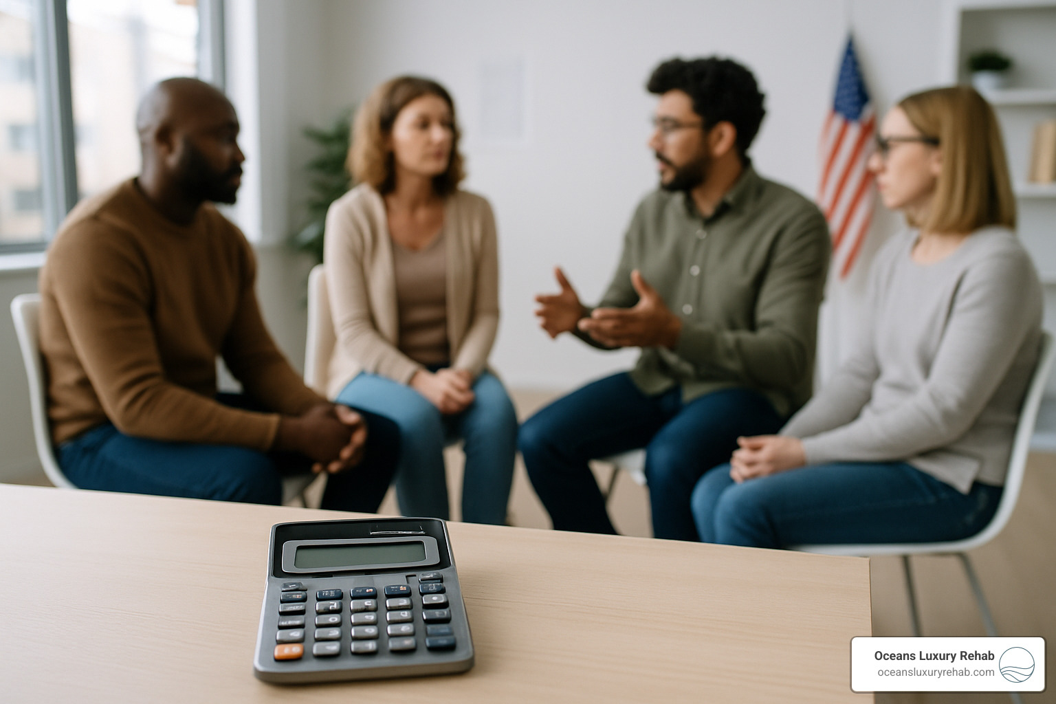 calculator and therapy group session - cost of intensive outpatient rehab