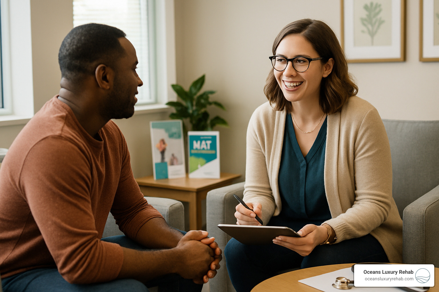 Patient meeting with intake counselor in comfortable office setting for MAT program enrollment - medication-assisted treatment program orange county ca