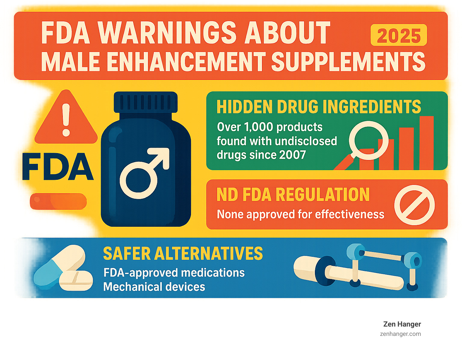 Infographic showing FDA warnings about male improvement supplements, including statistics on hidden drug ingredients, lack of regulation, and safer alternatives like FDA-approved medications and mechanical devices - male improvement supplement pills infographic 