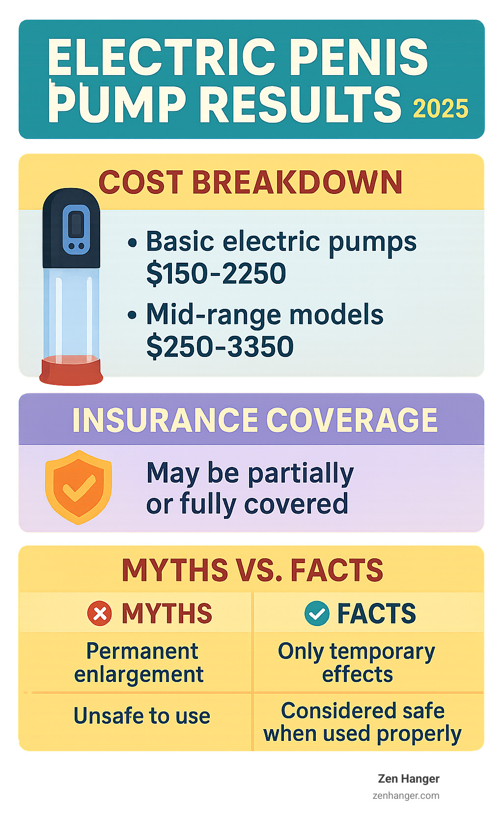 Infographic showing cost breakdown of electric penis pumps, insurance coverage options, and common myths versus facts about permanent enlargement and safety - electric penis pump results infographic 
