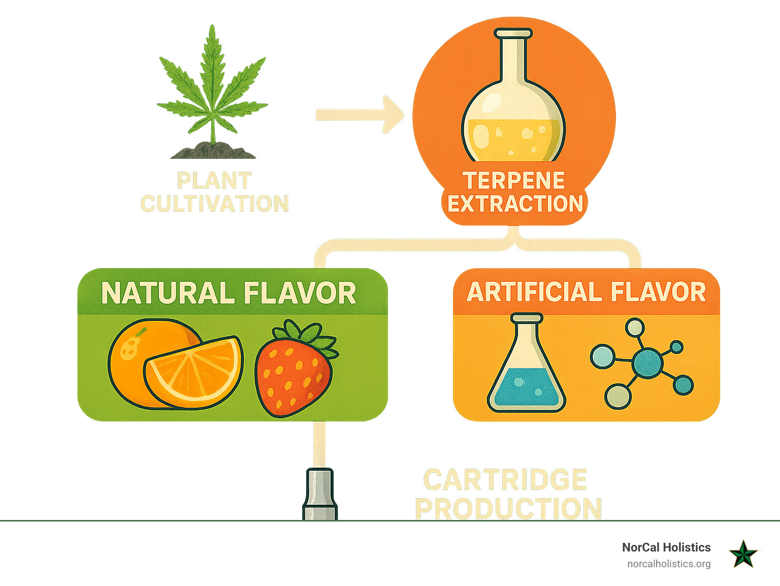 Comprehensive cart flavor creation process from plant cultivation through terpene extraction to final cartridge production, showing natural vs artificial flavor pathways - cart flavors infographic 