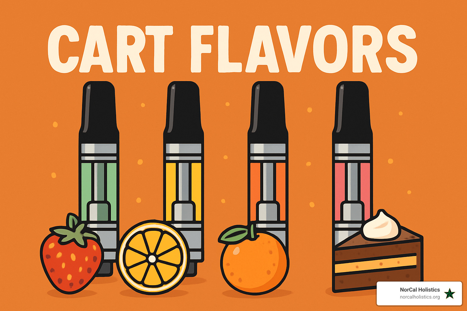 Comprehensive flavor wheel showing fruit, dessert, candy, menthol, earthy, and gas flavor families with specific strain examples - cart flavors