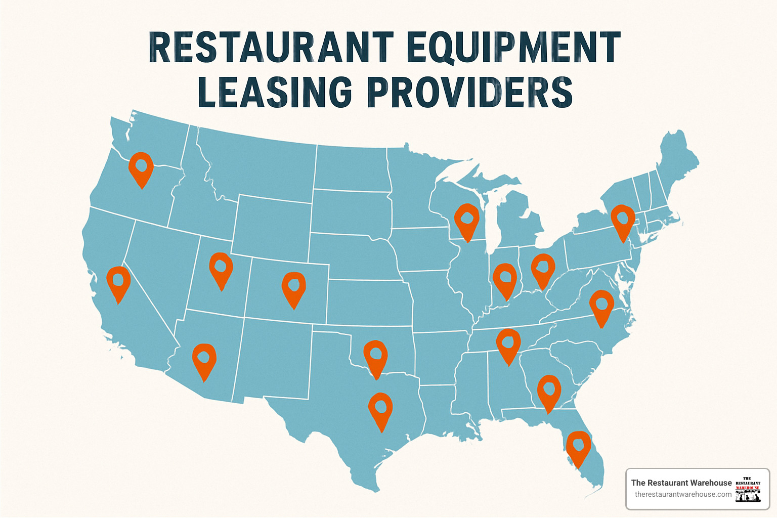 Map showing various restaurant equipment leasing providers with location pins across different regions - lease restaurant equipment near me