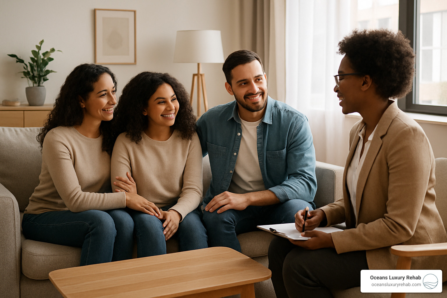 Family meeting in a comfortable therapy room with natural lighting, showing supportive family members meeting with a therapist - what is a php program
