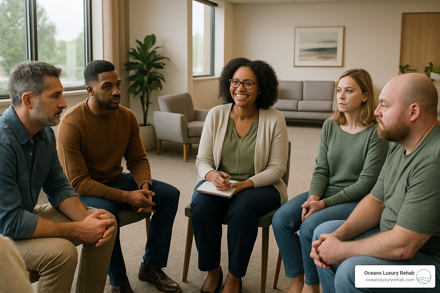 Group therapy session in a comfortable, modern treatment setting with natural lighting and supportive environment - what is a php program