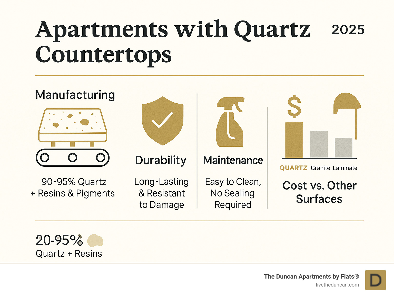 Comprehensive comparison showing quartz countertops manufacturing process, durability benefits, maintenance requirements, and cost comparison versus granite and laminate surfaces in rental properties - Apartments with quartz countertops infographic 
