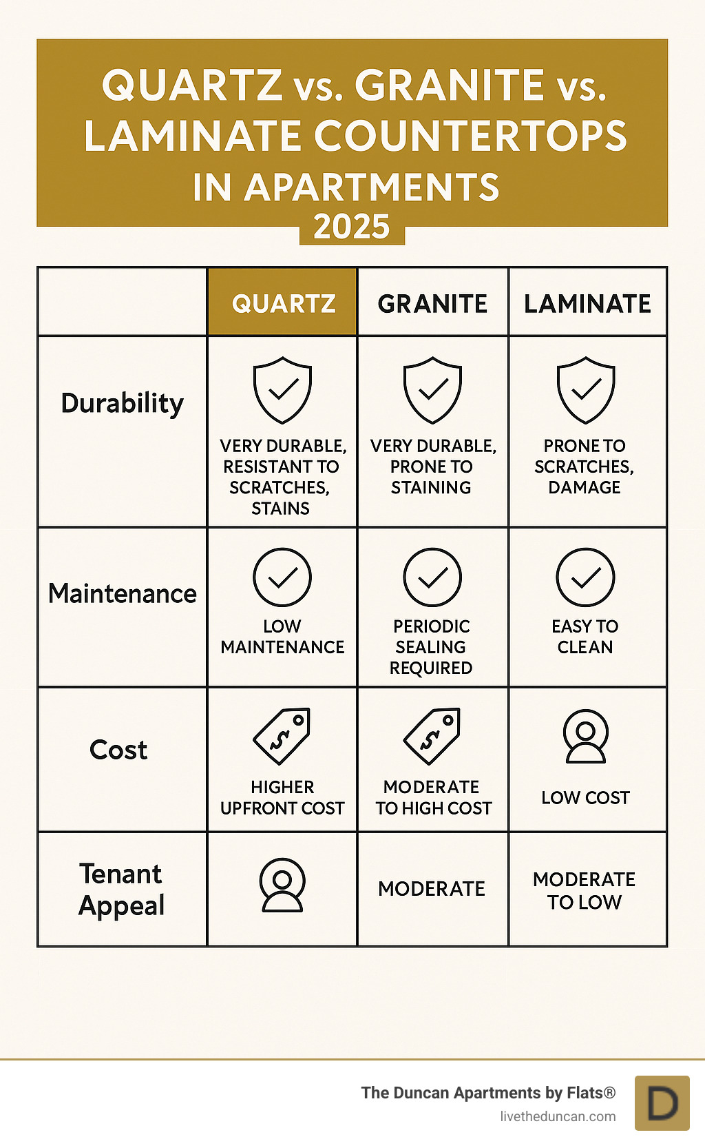 Detailed comparison table showing quartz versus granite versus laminate countertops in rental properties, including durability, maintenance requirements, cost factors, and tenant appeal metrics - Apartments with quartz countertops infographic 