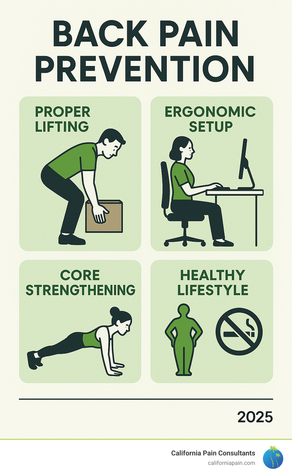 Infographic showing back pain prevention strategies: proper lifting technique, ergonomic workspace setup, core strengthening exercises, and healthy lifestyle choices including weight management and smoking cessation - acute back pain relief infographic 