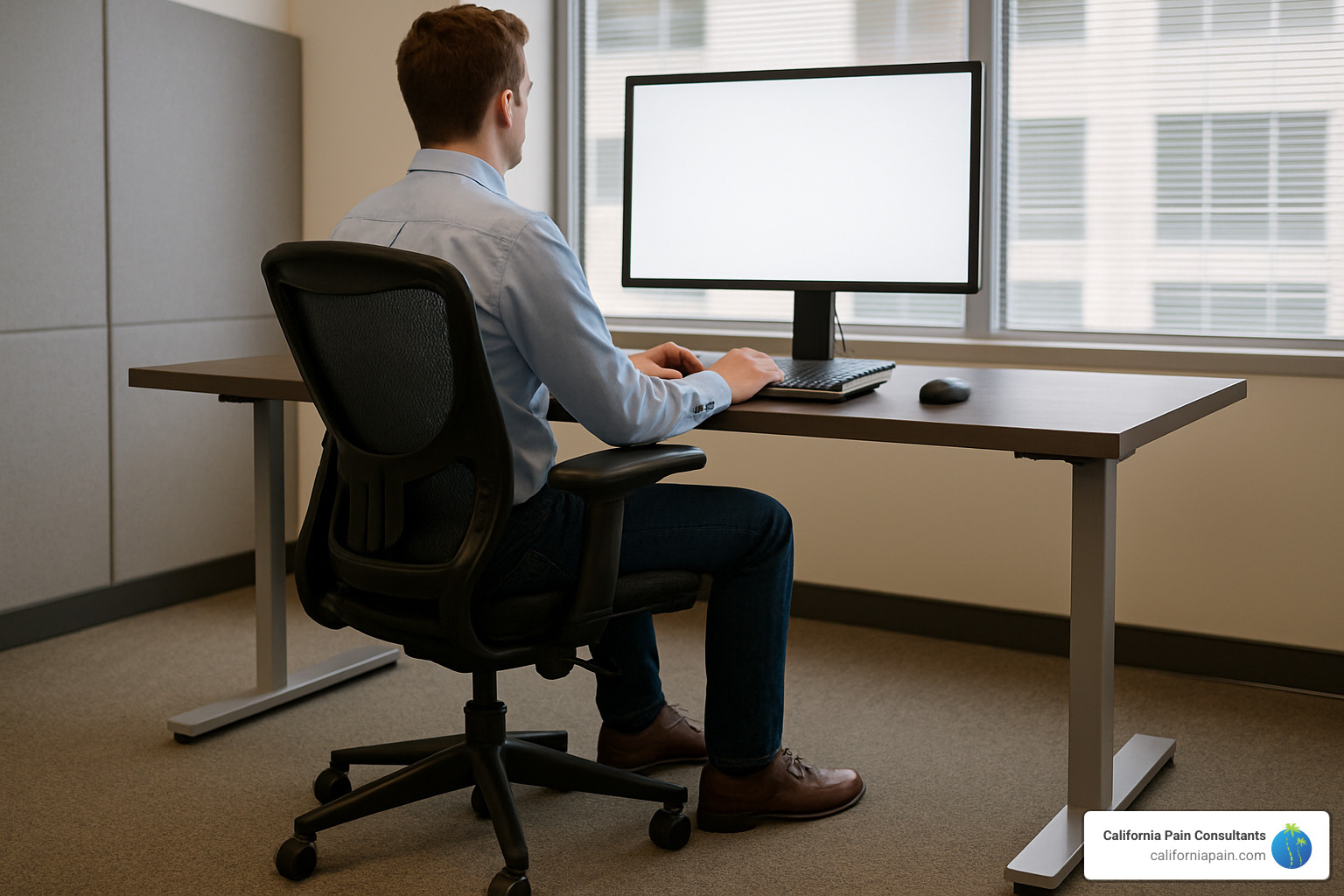 ergonomic desk setup with proper chair and monitor positioning - acute back pain relief
