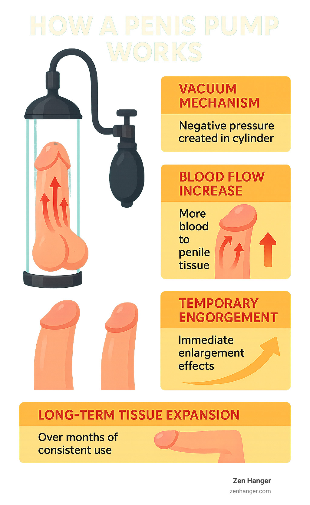 Detailed infographic illustrating vacuum mechanism creating negative pressure in the cylinder, increased blood flow into the corpora cavernosa, and the temporary engorgement that occurs during a typical session – penis pump before and after photos infographic