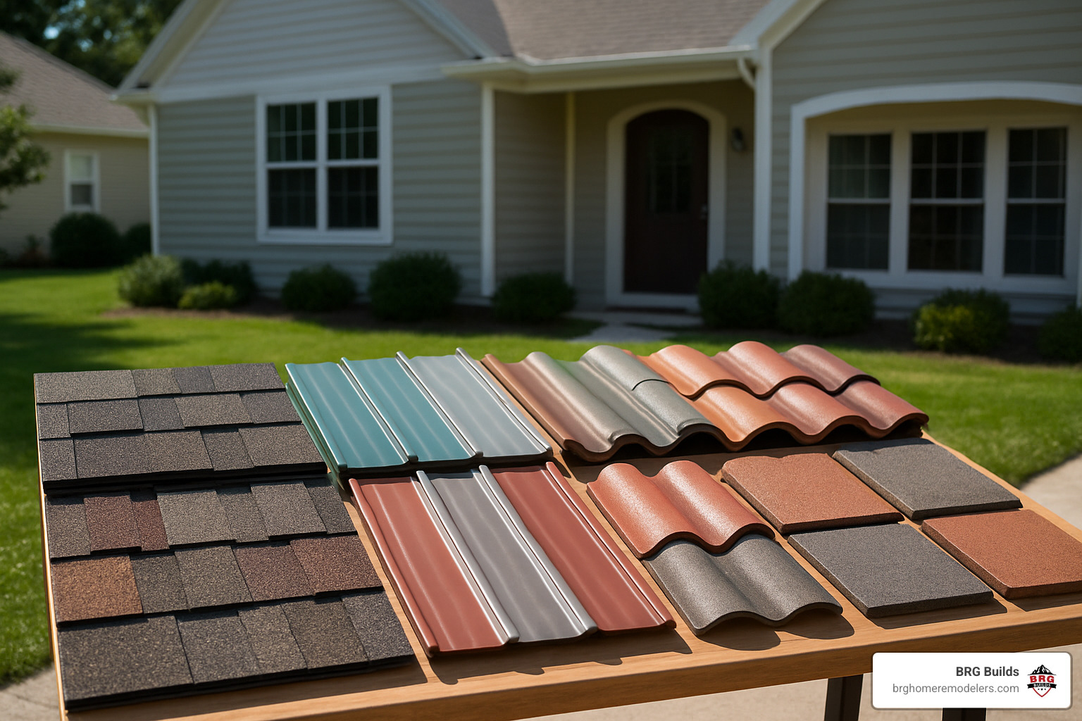 Display of various roofing material samples including impact-resistant shingles, metal panels, and tile options - littleton roofing companies Display of various roofing material samples including impact-resistant shingles, metal panels, and tile options - littleton roofing companies