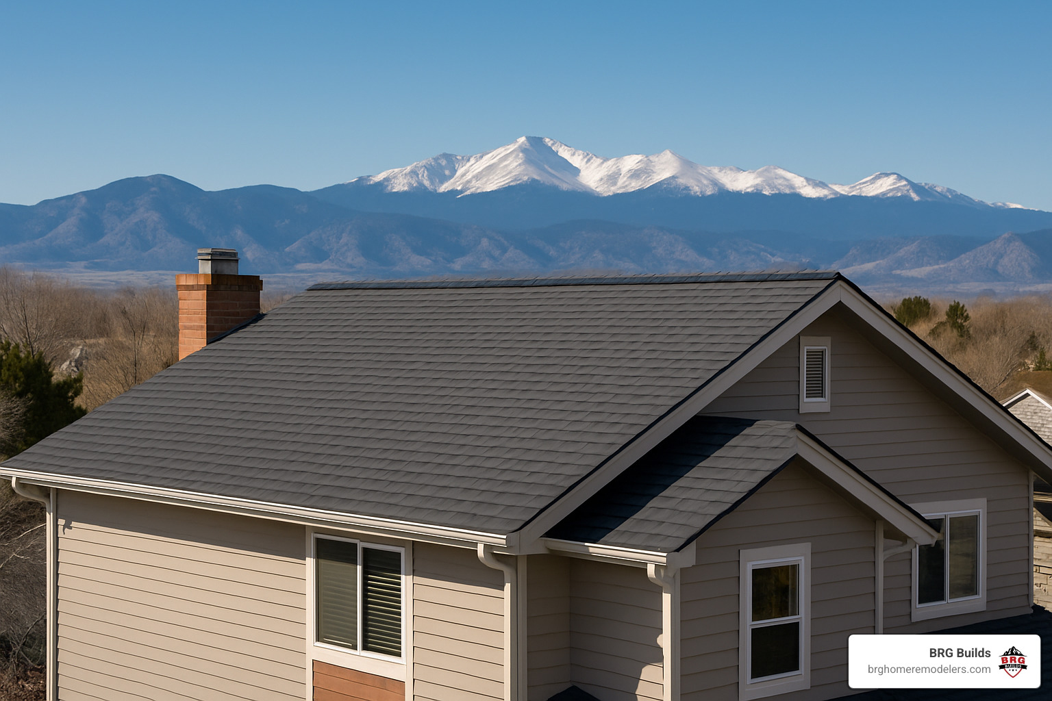 Completed roof installation with Colorado mountains in the background - littleton roofing companies Completed roof installation with Colorado mountains in the background - littleton roofing companies