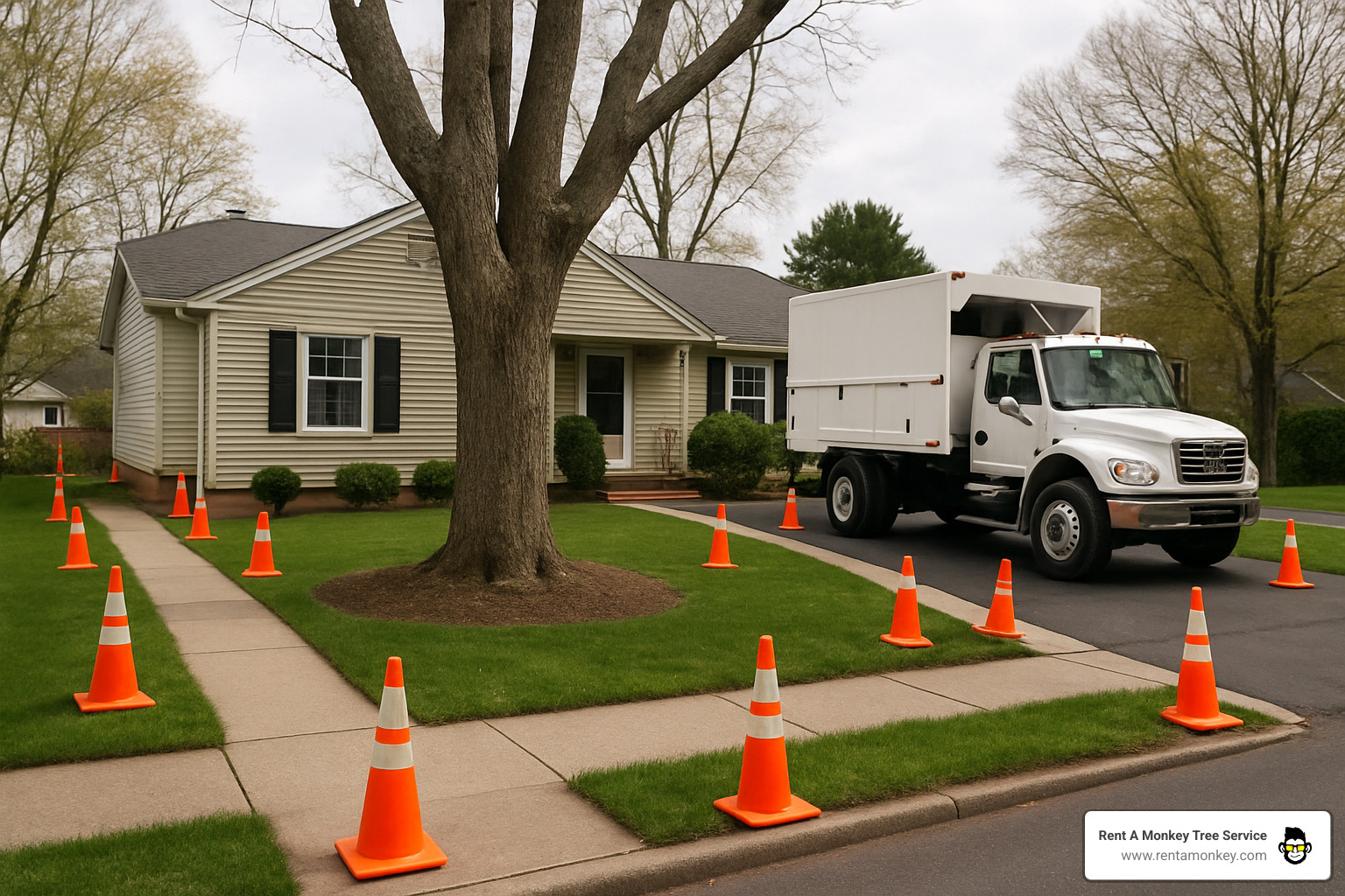 residential yard prepared for tree removal with safety cones marking work area and clear access paths - same day tree removal
