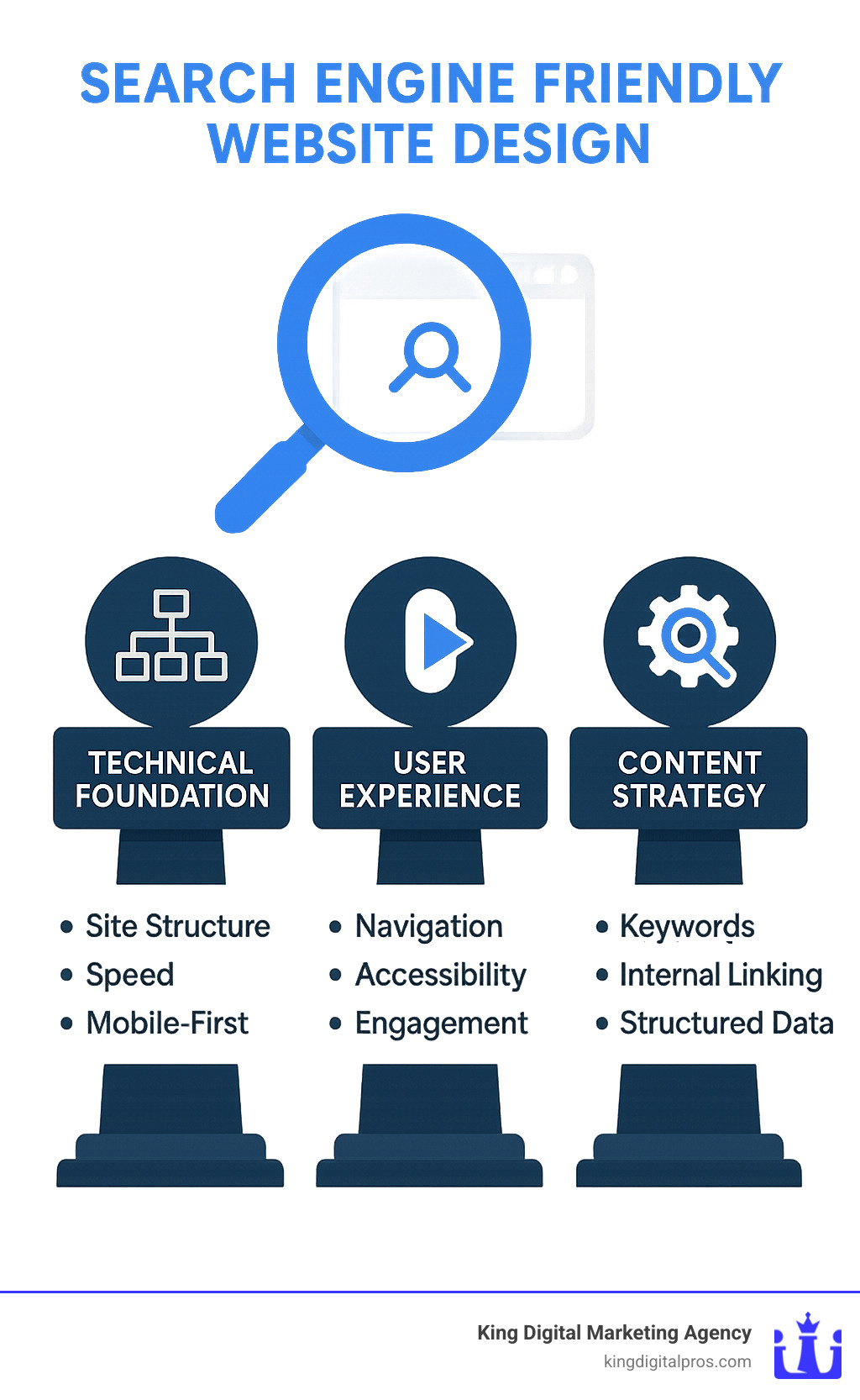 Infographic showing the three pillars of search engine friendly website design: Technical Foundation (site structure, speed, mobile-first), User Experience (navigation, accessibility, engagement), and Content Strategy (keywords, internal linking, structured data) - search engine friendly website design infographic Infographic Showing The Three Pillars Of Search Engine Friendly Website Design: Technical Foundation (Site Structure, Speed, Mobile-First), User Experience (Navigation, Accessibility, Engagement), And Content Strategy (Keywords, Internal Linking, Structured Data) - Search Engine Friendly Website Design Infographic