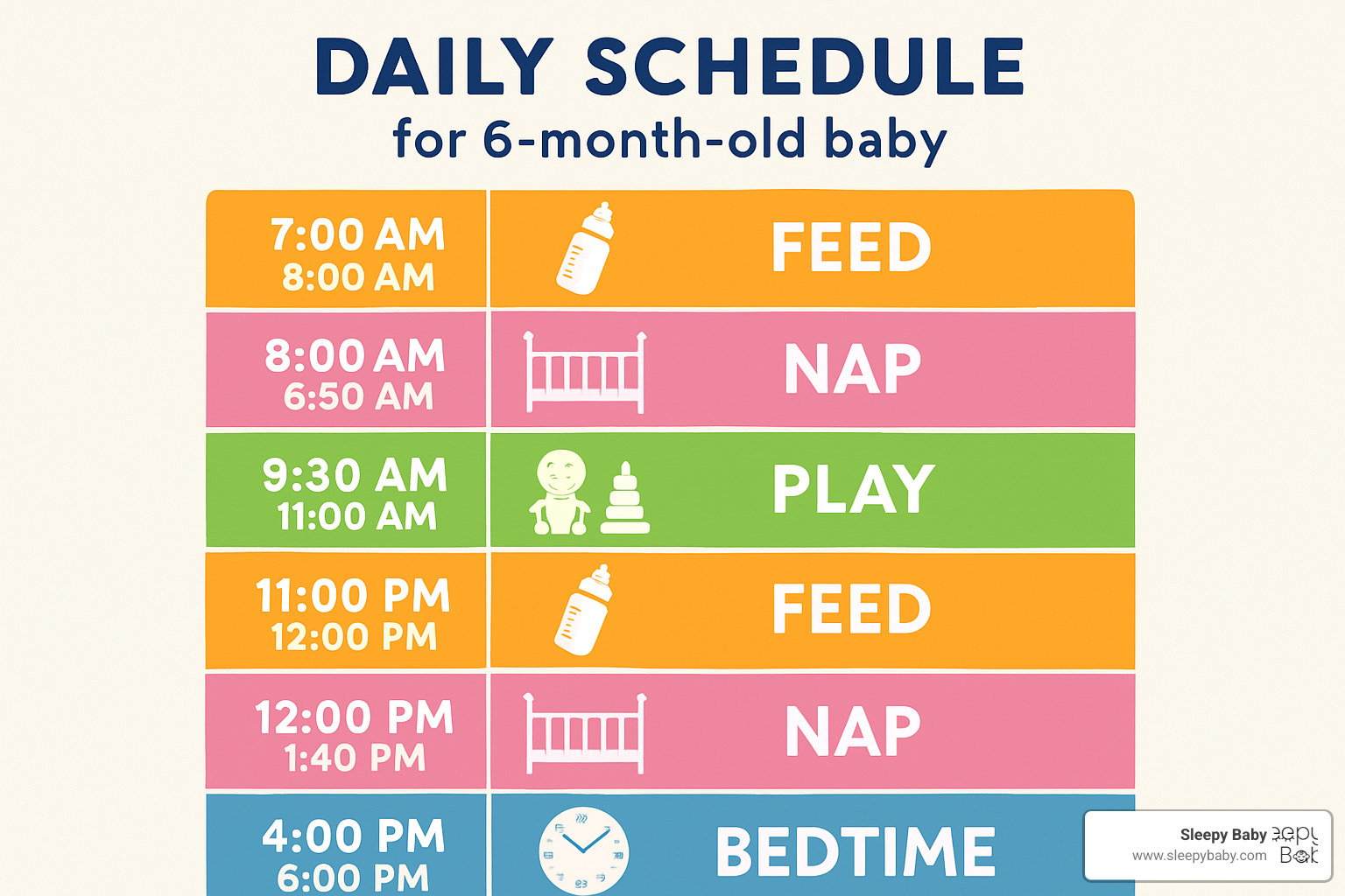 Daily schedule chart showing optimal timing for feeds, naps, and bedtime for 6-month-old babies - 6 month old night wakings
