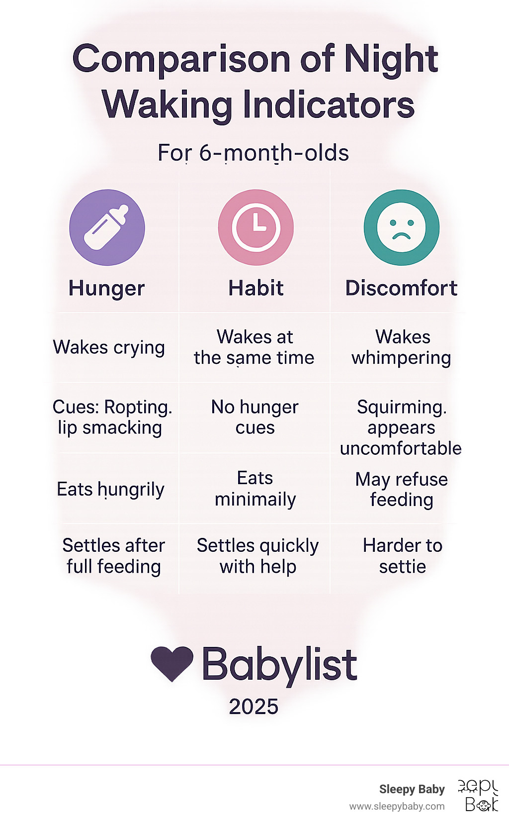 Comparison table showing hunger vs habit vs discomfort indicators for night wakings - 6 month old night wakings infographic 