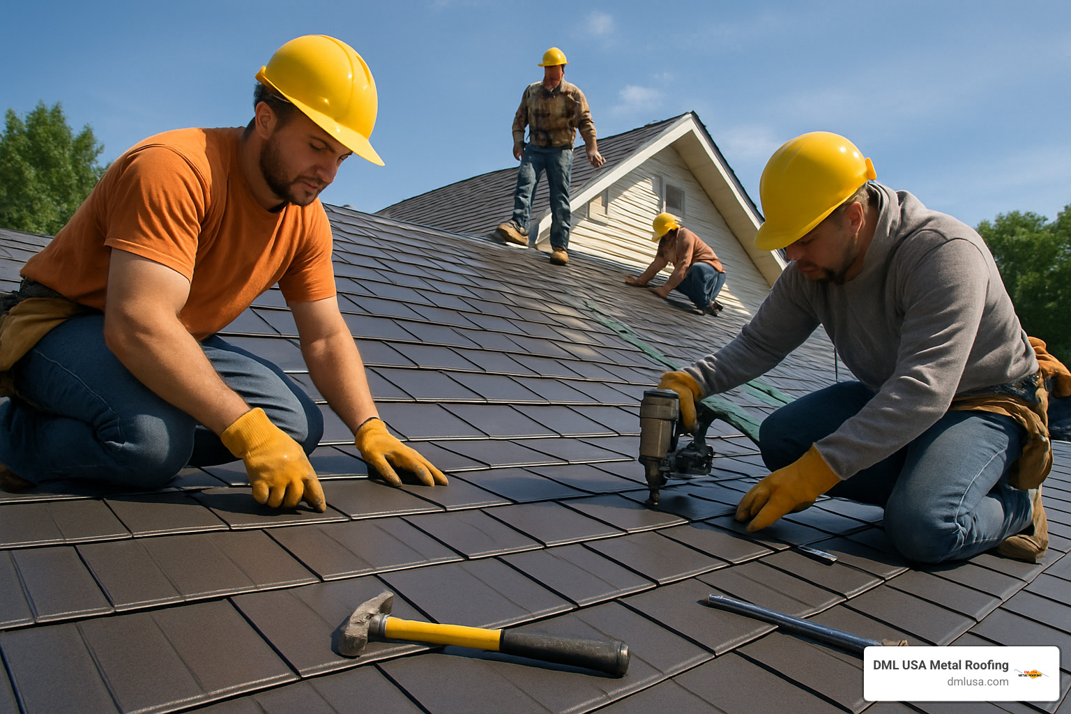 crew installing interlocking metal shingles - metal roof shingles