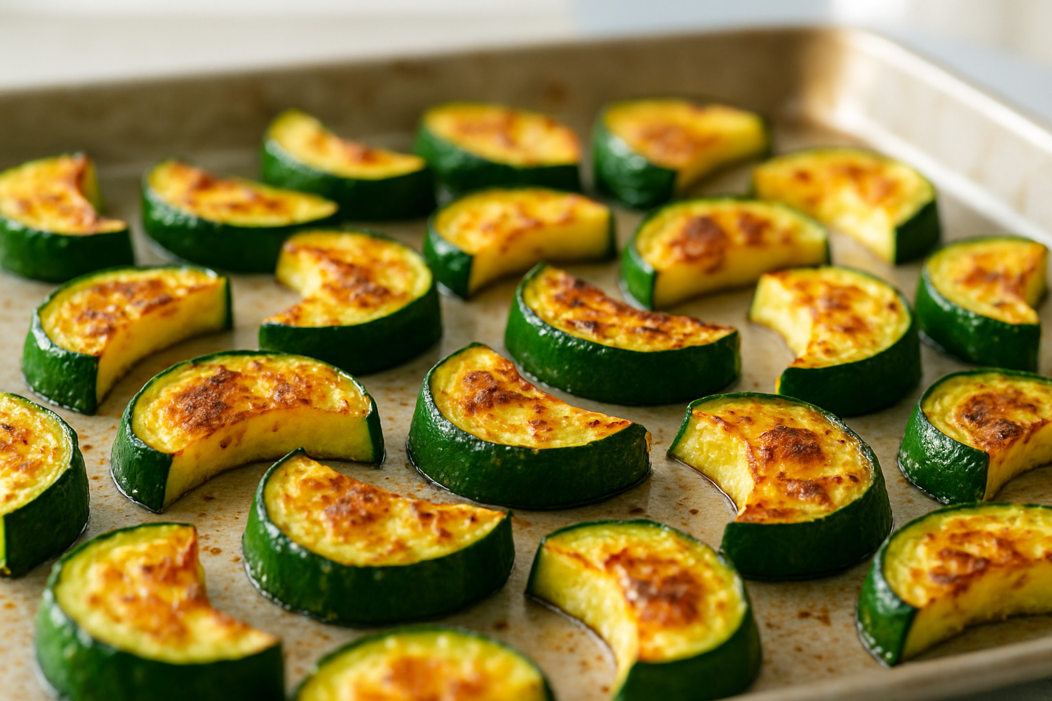crispy roasted zucchini half-moons with golden edges - zucchini recipes