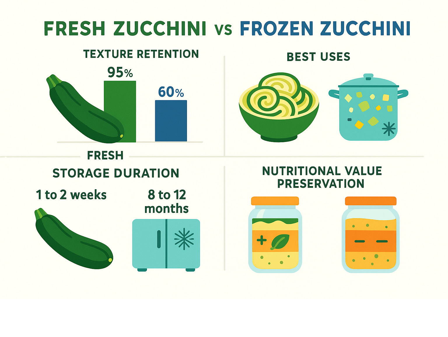 Statistical comparison showing fresh zucchini vs frozen zucchini texture retention rates, best uses for each form, storage duration, and nutritional value preservation across different preservation methods - zucchini recipes infographic 