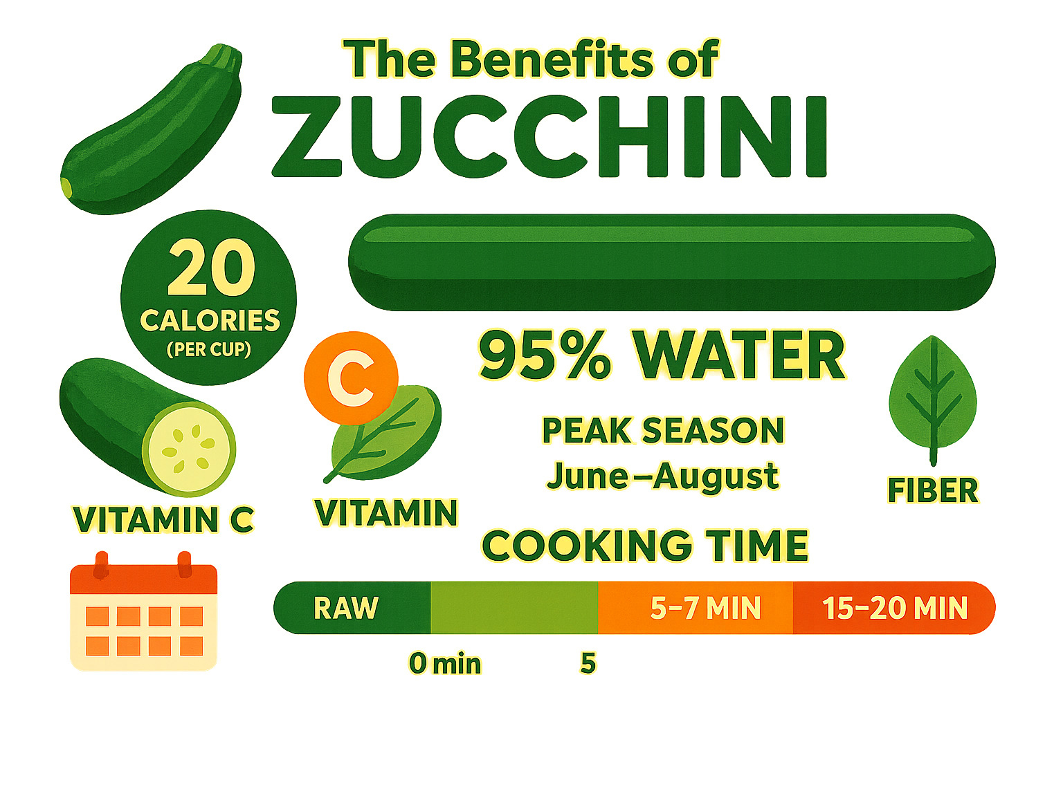 Comprehensive guide showing zucchini's nutritional benefits including low calories (20 per cup), high water content (95%), vitamin C content, fiber levels, and peak harvest season from June to August, plus cooking time comparisons for different preparation methods - zucchini recipes infographic 