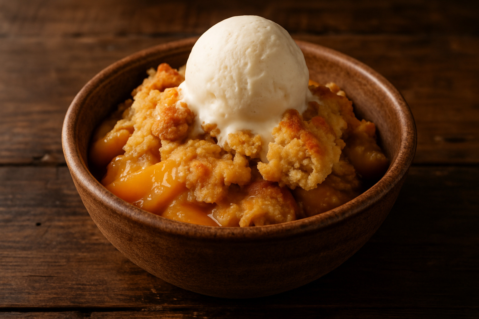 cobbler with ice cream served in a rustic bowl - peach cobbler recipe