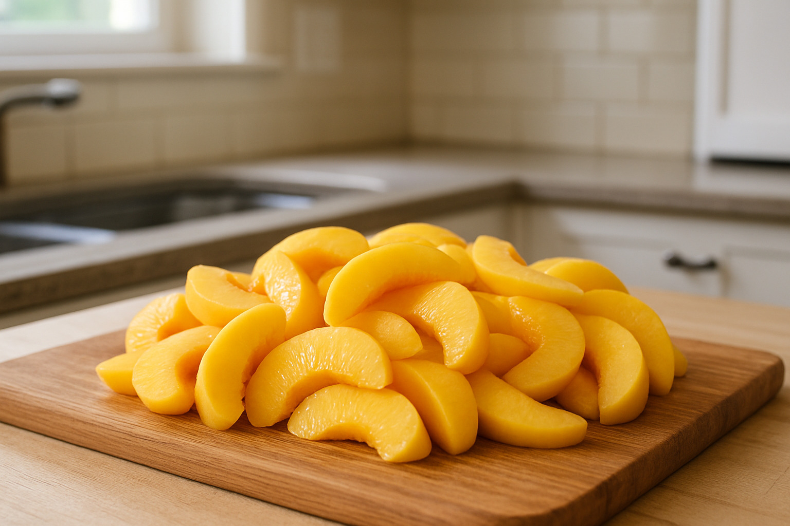 peeled and sliced peaches arranged in preparation for cobbler - peach cobbler recipe