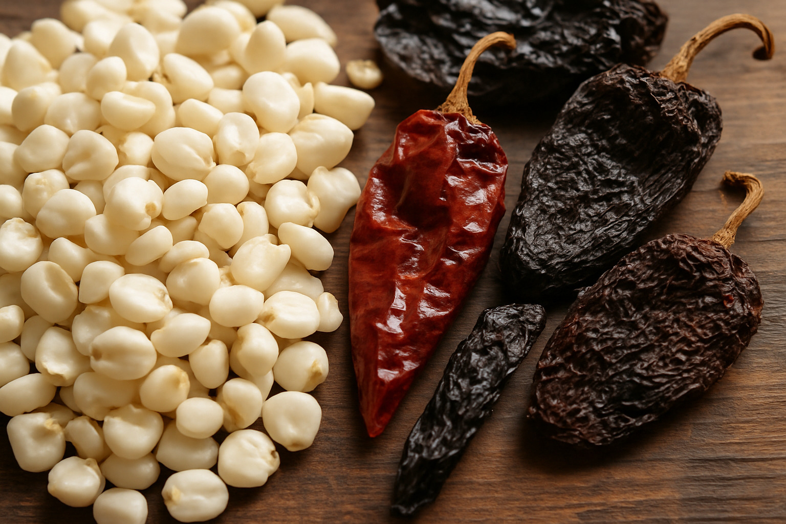 hominy kernels and dried chiles - pozole