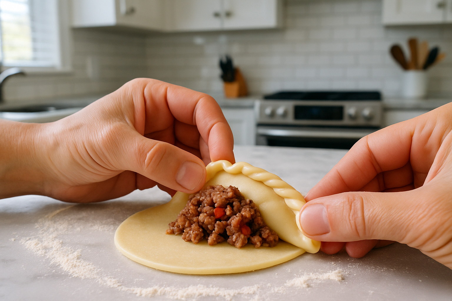 Hands demonstrating proper empanada crimping technique with dough and filling - empanadas
