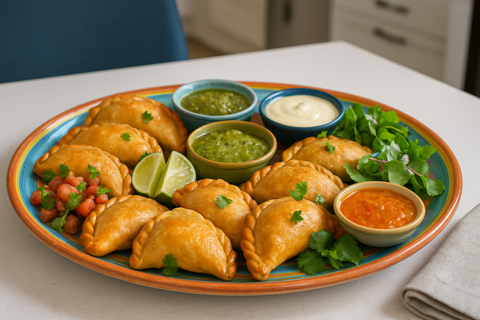 Colorful platter showing empanadas with various dipping sauces and traditional accompaniments - empanadas