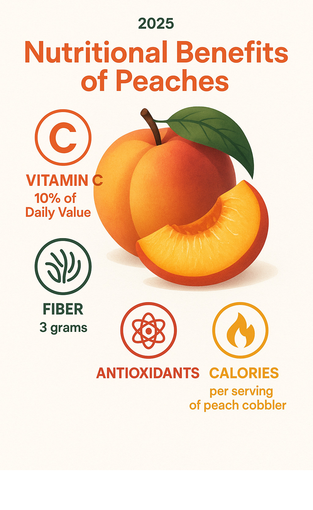 Nutritional benefits of peaches showing vitamin C content, fiber levels, antioxidant properties, and caloric information per serving of peach cobbler - peach cobbler recipe infographic 