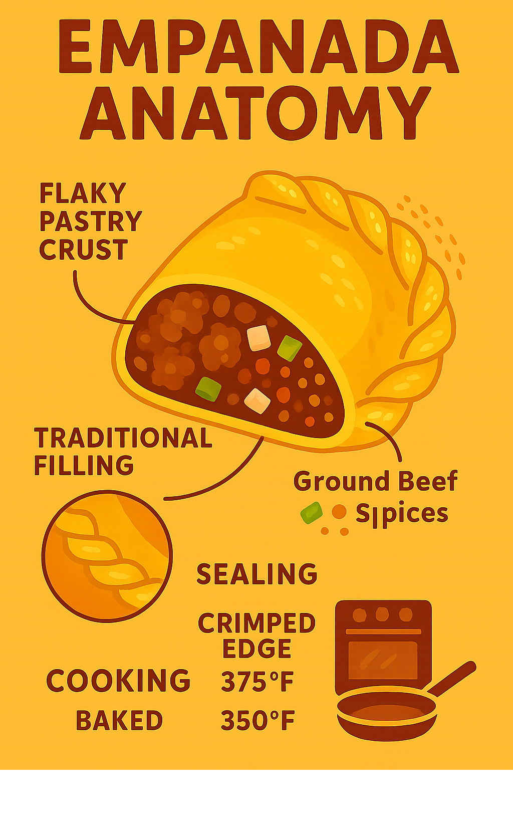 Detailed infographic showing empanada anatomy with labeled parts including flaky pastry crust, traditional filling ingredients like ground beef and spices, sealing techniques, and cooking methods with temperature guidelines - empanadas infographic 