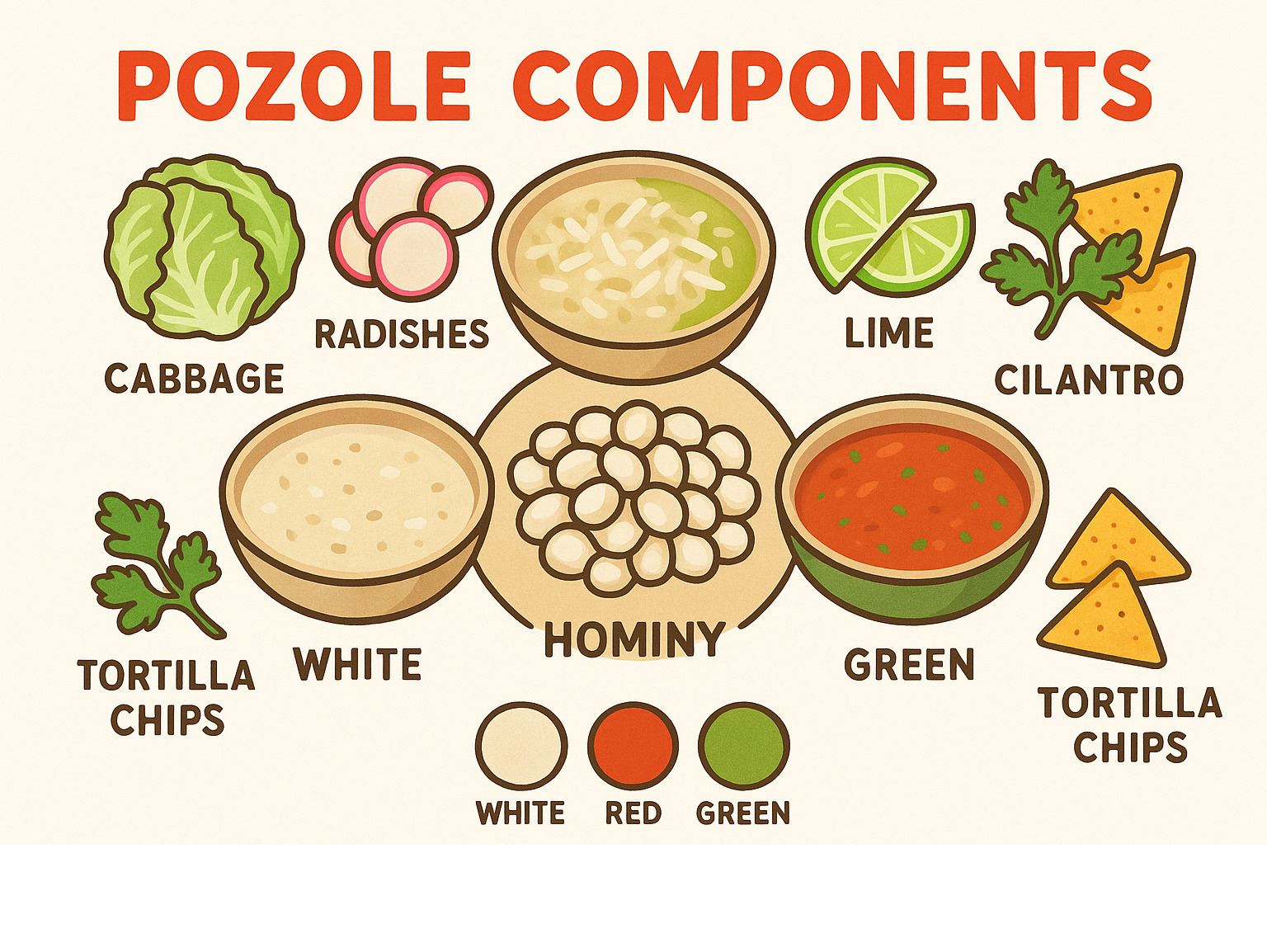 Infographic showing pozole components: hominy kernels in center, surrounded by three colored broths (white, red, green), with common toppings arranged around the edges including cabbage, radishes, lime, cilantro, and tortilla chips - pozole infographic 