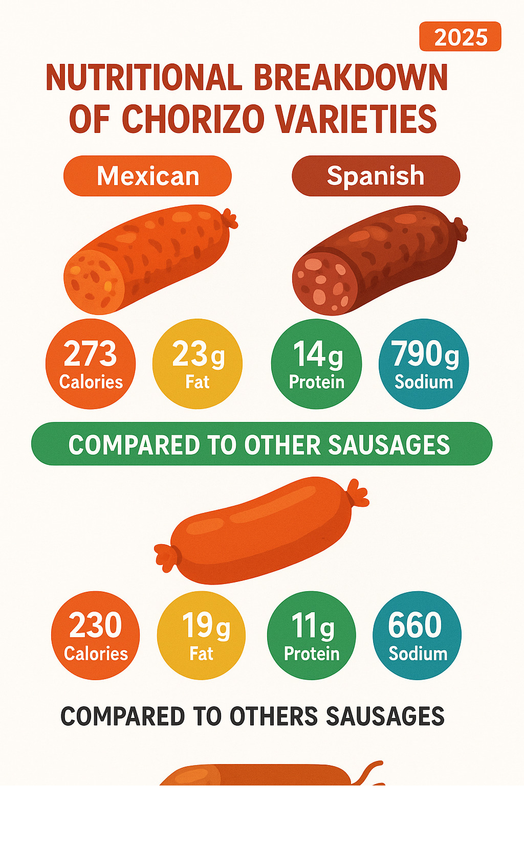 Nutritional breakdown of chorizo varieties showing calories, fat, protein, and sodium content per serving, with comparison to other sausages - chorizo infographic Nutritional breakdown of chorizo varieties showing calories, fat, protein, and sodium content per serving, with comparison to other sausages - chorizo infographic