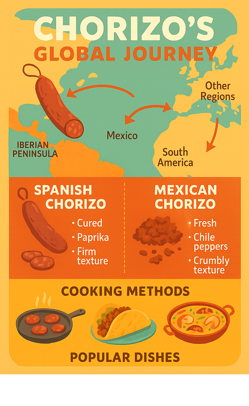 Infographic showing chorizo's global journey from Iberian Peninsula to Mexico, South America, Philippines, and other regions, with key characteristics of Spanish chorizo (cured, paprika, firm texture) versus Mexican chorizo (fresh, chile peppers, crumbly texture), plus cooking methods and popular dishes - chorizo infographic Infographic showing chorizo's global journey from Iberian Peninsula to Mexico, South America, Philippines, and other regions, with key characteristics of Spanish chorizo (cured, paprika, firm texture) versus Mexican chorizo (fresh, chile peppers, crumbly texture), plus cooking methods and popular dishes - chorizo infographic