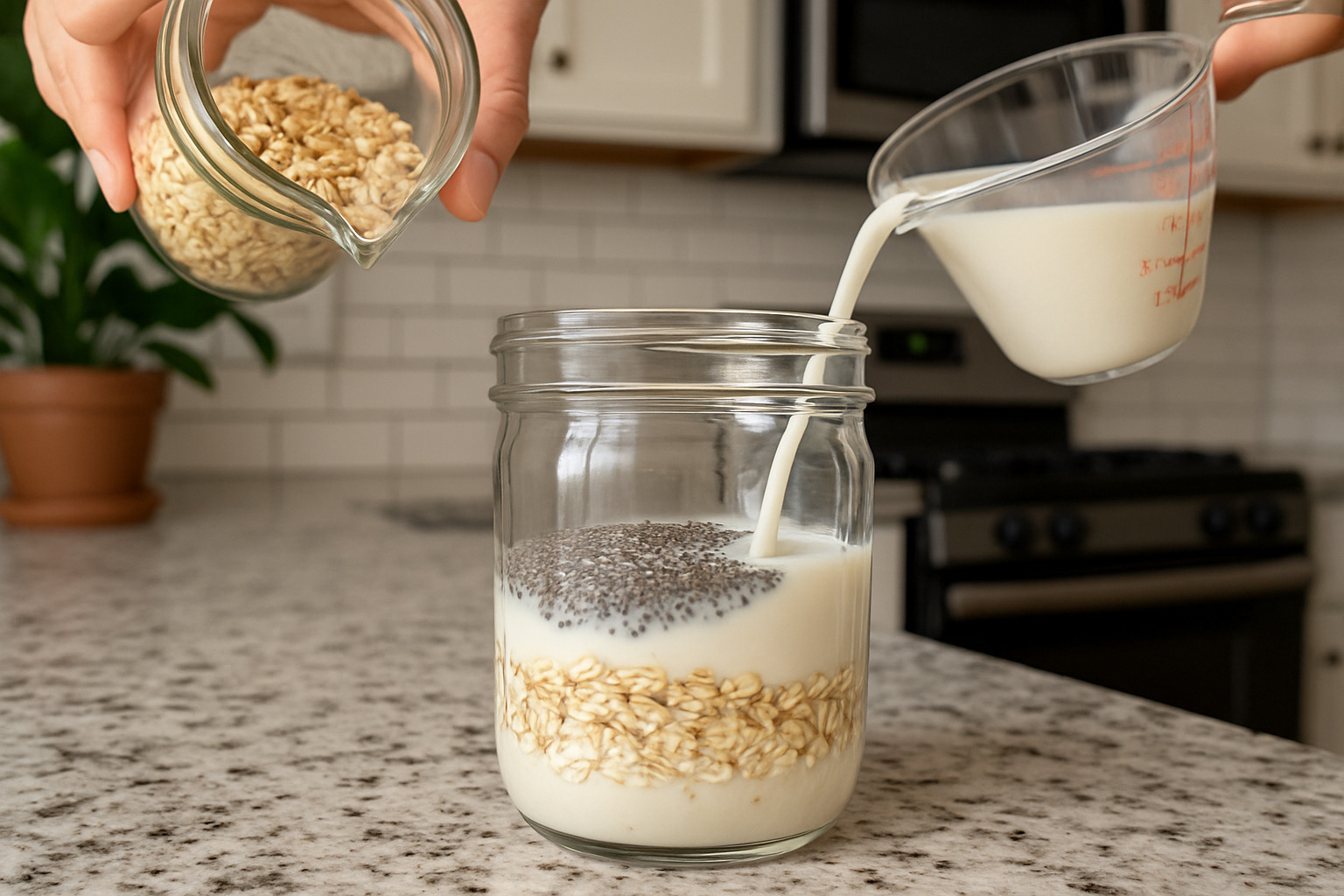 Step-by-step overnight oats preparation showing mason jar assembly, ingredient layering, and final refrigerated result - overnight oats recipe