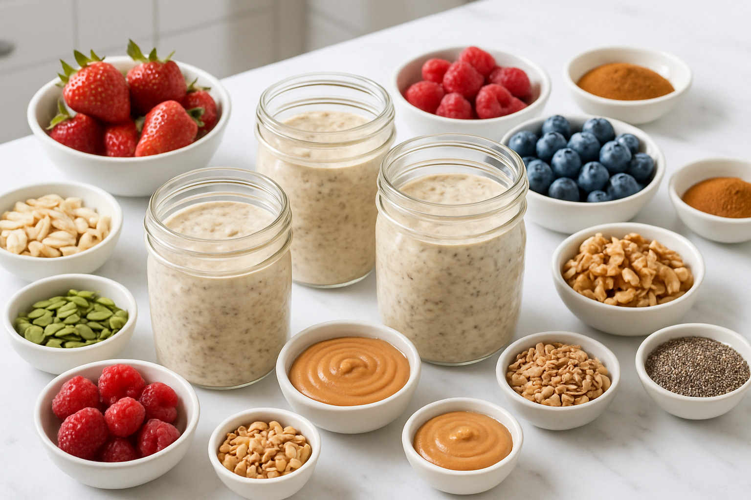 Colorful array of overnight oats toppings including fresh berries, nuts, seeds, nut butters, and spices arranged around mason jars - overnight oats recipe